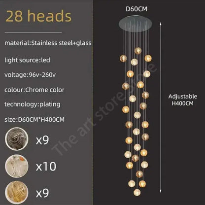 Modern golden crystal glass spiral ceiling chandelier with 28 amber white and metallic spherical decorbites crystal glass lights