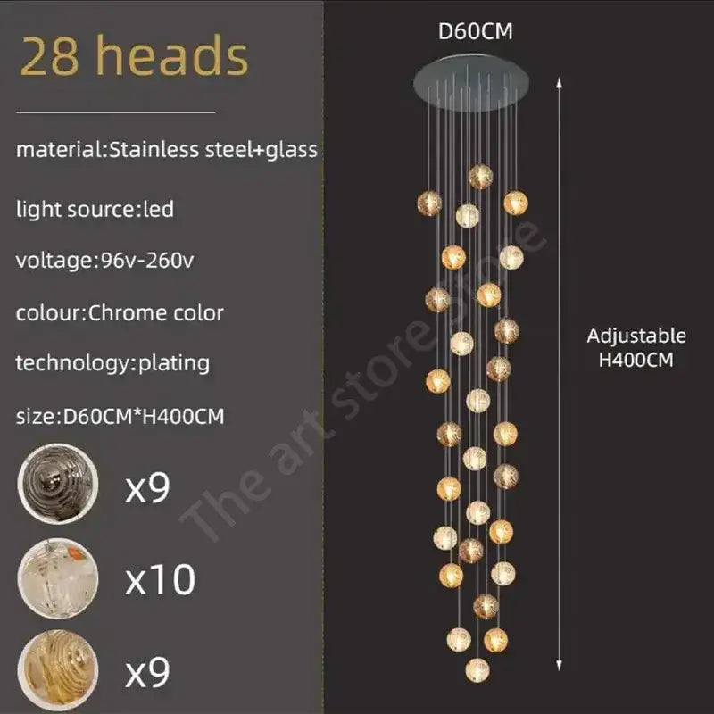 Modern golden crystal glass spiral ceiling chandelier with 28 amber white and metallic spherical decorbites crystal glass lights