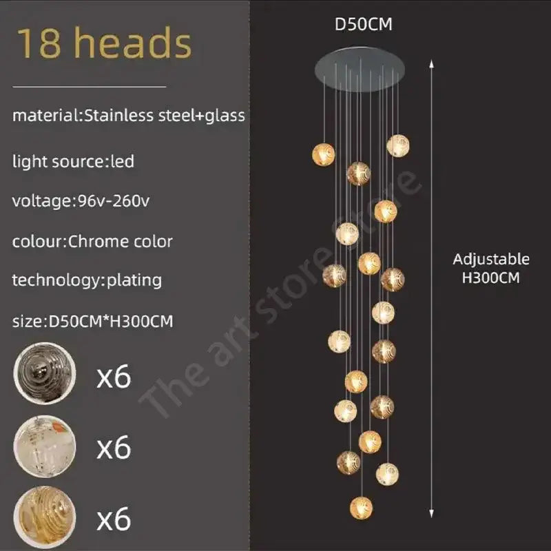 Modern golden crystal glass spiral ceiling chandelier with chrome-plated stainless steel and 18 spherical light heads decorbites crystal glass