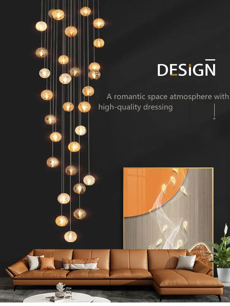 Modern golden crystal glass spiral ceiling chandelier with cascading spherical design for living room decorbites crystal glass