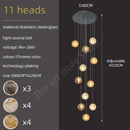 Modern golden crystal glass spiral ceiling chandelier with chrome-plated stainless steel and 11 spherical light heads decorbites crystal glass