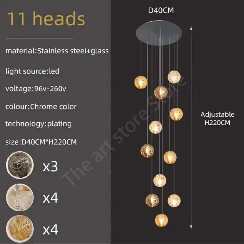 Modern golden crystal glass spiral ceiling chandelier with chrome-plated stainless steel and 11 spherical light heads decorbites crystal glass