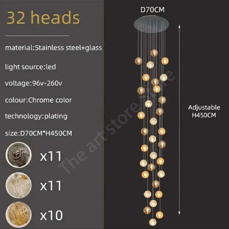 Modern golden crystal glass spiral ceiling chandelier with 32 chrome-plated spherical light heads for living room decorbites crystal glass