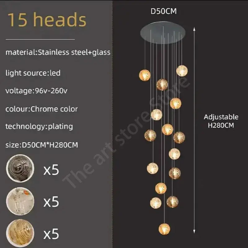 Modern golden crystal glass spiral ceiling chandelier with chrome-plated stainless steel and 15 spherical light heads decorbites crystal glass