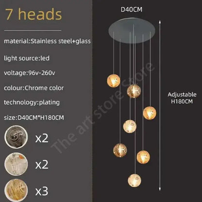 Modern golden crystal glass spiral ceiling chandelier with chrome-plated stainless steel and seven spherical light heads