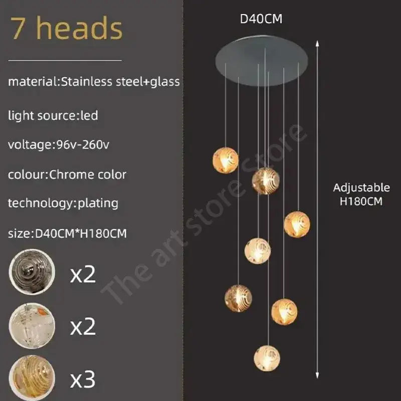 Modern golden crystal glass spiral ceiling chandelier with chrome-plated stainless steel and seven spherical light heads