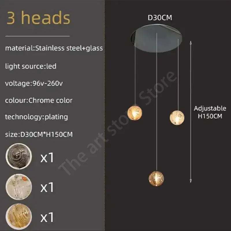 Modern golden crystal glass spiral ceiling chandelier with chrome-plated stainless steel three-head pendant light decorbites crystal glass