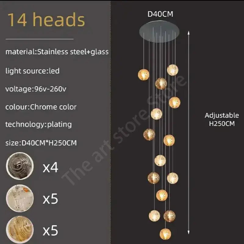 Modern golden crystal glass spiral ceiling chandelier with chrome-plated stainless steel and 14 spherical lights decorbites crystal glass design