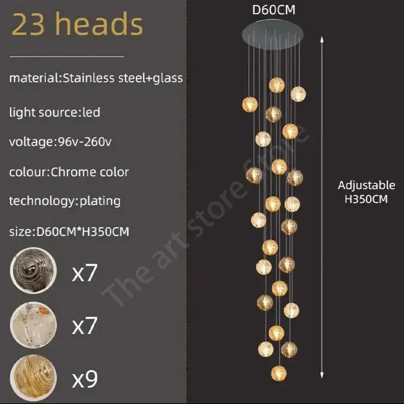 Modern golden crystal glass spiral ceiling chandelier with 23 chrome-plated stainless steel spherical light heads decorbites crystal glass