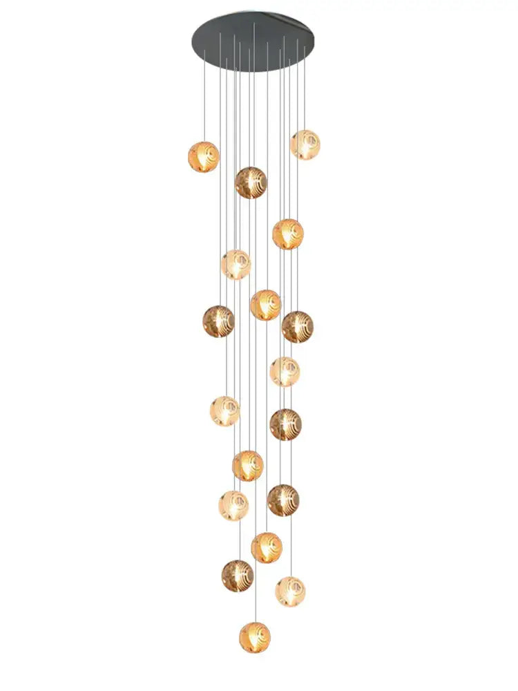 A modern golden crystal glass spiral ceiling chandelier with black mount and intricate decorbites crystal glass spheres