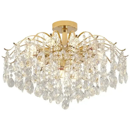 Modern golden crystal led chandelier with cascading clear crystal droplets and intricate curved arms for living room decorbites crystal led
