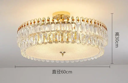 Modern golden crystal led chandelier with two tiers of clear crystal droplets and frosted glass center for living room decorbites crystal led