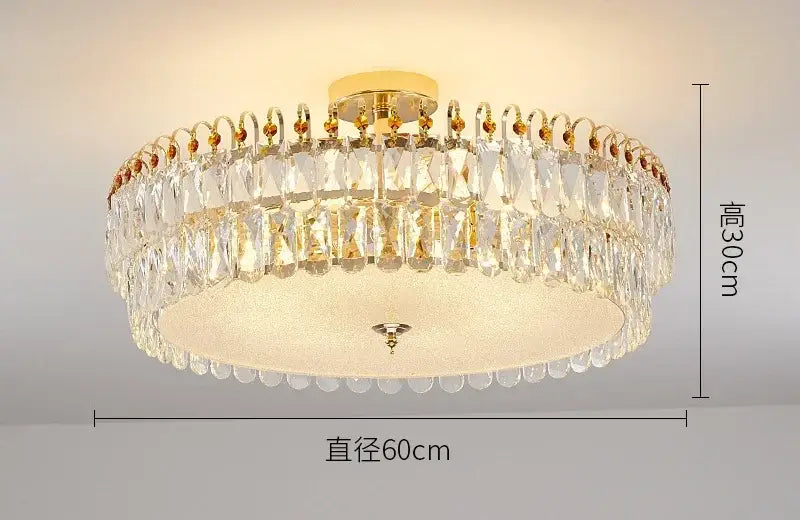 Modern golden crystal led chandelier with two tiers of clear crystal droplets and frosted glass center for living room decorbites crystal led