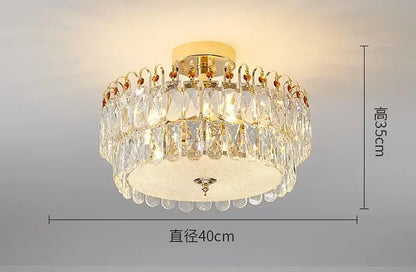 Modern golden crystal led chandelier with multiple tiers of clear faceted crystal droplets and frosted glass diffuser