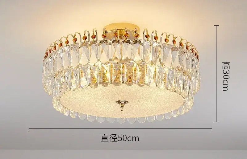 Modern golden crystal led chandelier with two tiers of faceted crystal droplets and frosted glass center decorbites crystal led