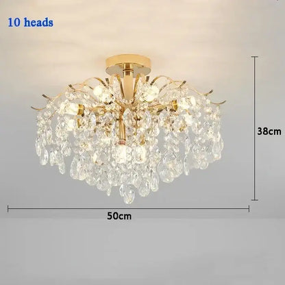 Modern golden crystal led chandelier with 10 light heads and cascading glass teardrop crystals for living room decorbites crystal led