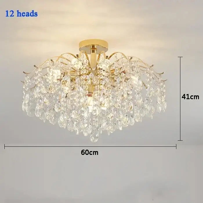 Modern golden crystal led chandelier with gold metal frame and 12 clear glass droplets for elegant living room decorbites crystal led