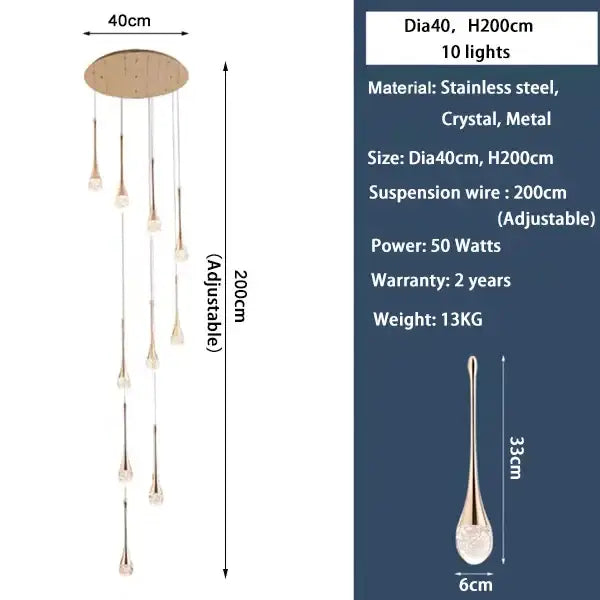Modern golden crystal led staircase chandelier with circular stainless steel top and ten teardrop crystal lights for lobby decorbites crystal led