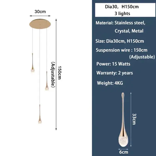 Modern golden crystal led staircase chandelier with decorbites crystal led teardrop bulbs and stainless steel mount