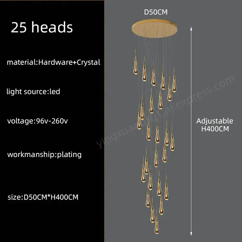 Modern golden decorbites crystal pendant chandelier with 25 teardrop-shaped light heads for living room decor