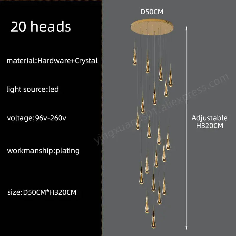 Modern golden crystal pendant chandelier with 20 teardrop-shaped crystal pendants by decorbites crystal pendant
