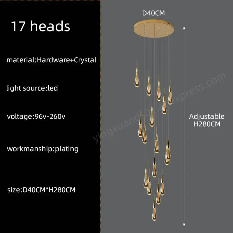 Gold-plated decorbites crystal pendant chandelier with 17 teardrop-shaped crystal pendants for modern living room decor