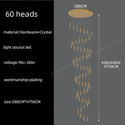 Modern golden crystal pendant chandelier with 60 teardrop heads on circular wooden base by decorbites crystal pendant