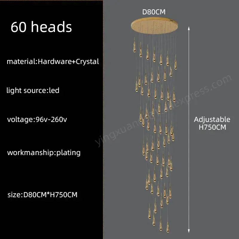 Modern golden crystal pendant chandelier with 60 teardrop heads on circular wooden base by decorbites crystal pendant