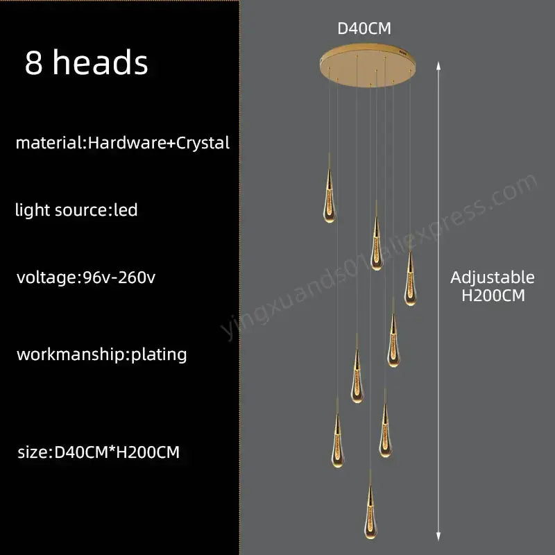 Modern golden crystal pendant chandelier with eight teardrop led light heads by decorbites crystal pendant for living room decor