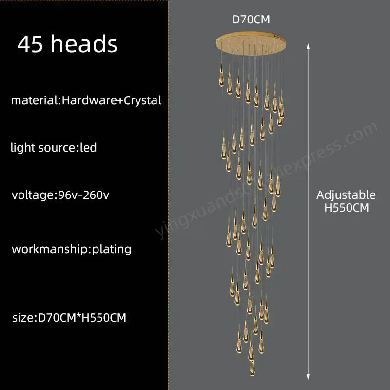 Modern golden crystal pendant chandelier with 45 teardrop-shaped lights from decorbites crystal pendant collection