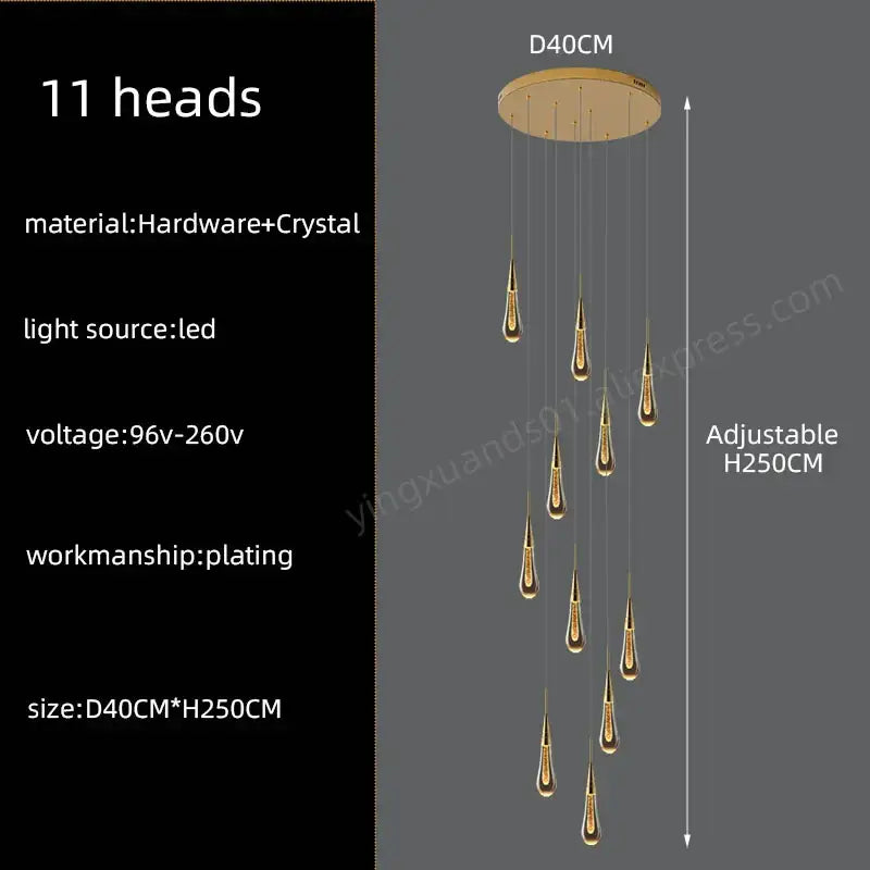 Modern golden crystal pendant chandelier with 11 teardrop decorbites crystal pendant lights for living room decor