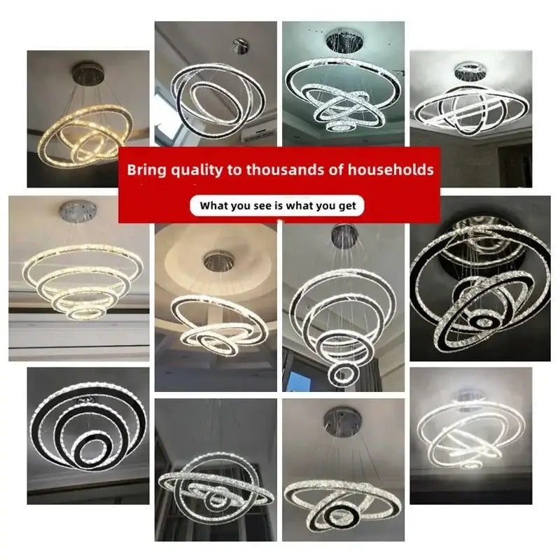 Modern golden crystal ring ceiling chandelier with multiple interlocking rings in clear or black decorbites crystal ring finish