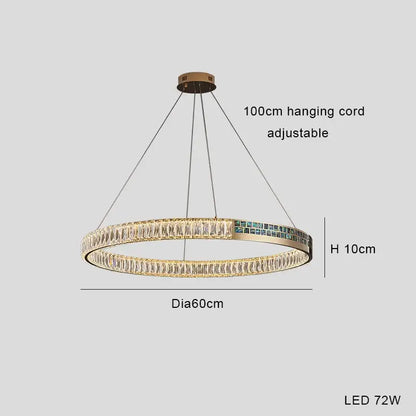 Modern golden crystal ring ceiling chandelier with gold-toned led and clear blue-tinted decorbites crystal ring accents