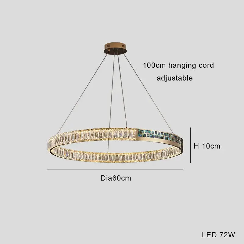Modern golden crystal ring ceiling chandelier with gold-toned led and clear blue-tinted decorbites crystal ring accents