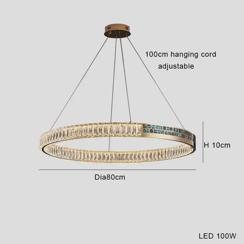 Modern golden crystal ring ceiling chandelier with gold-toned circular led and teal crystal accents 80cm diameter decorbites crystal ring