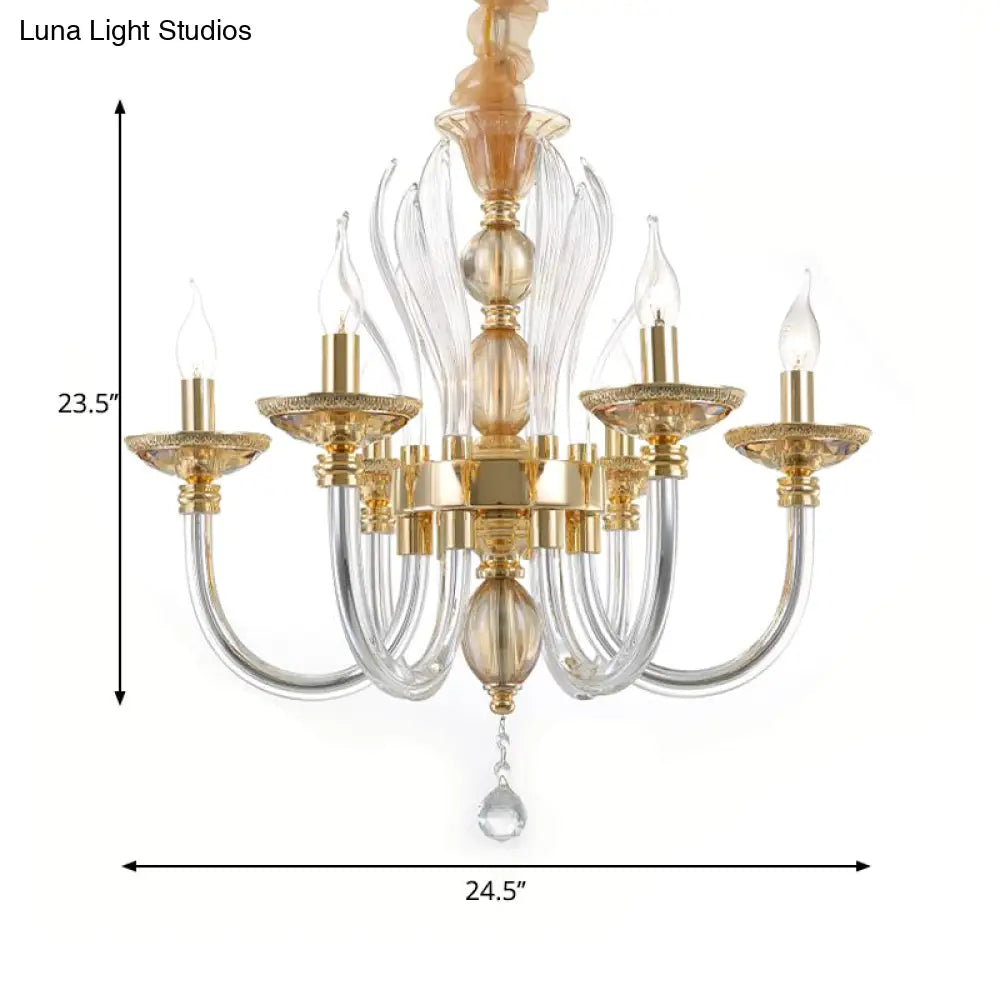 Modern Golden Curved Chandelier - 6 Heads Clear Glass Pendant Light with Crystal Drops