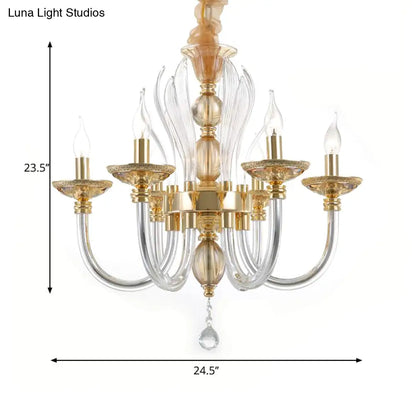 Modern Golden Curved Chandelier - 6 Heads Clear Glass Pendant Light with Crystal Drops