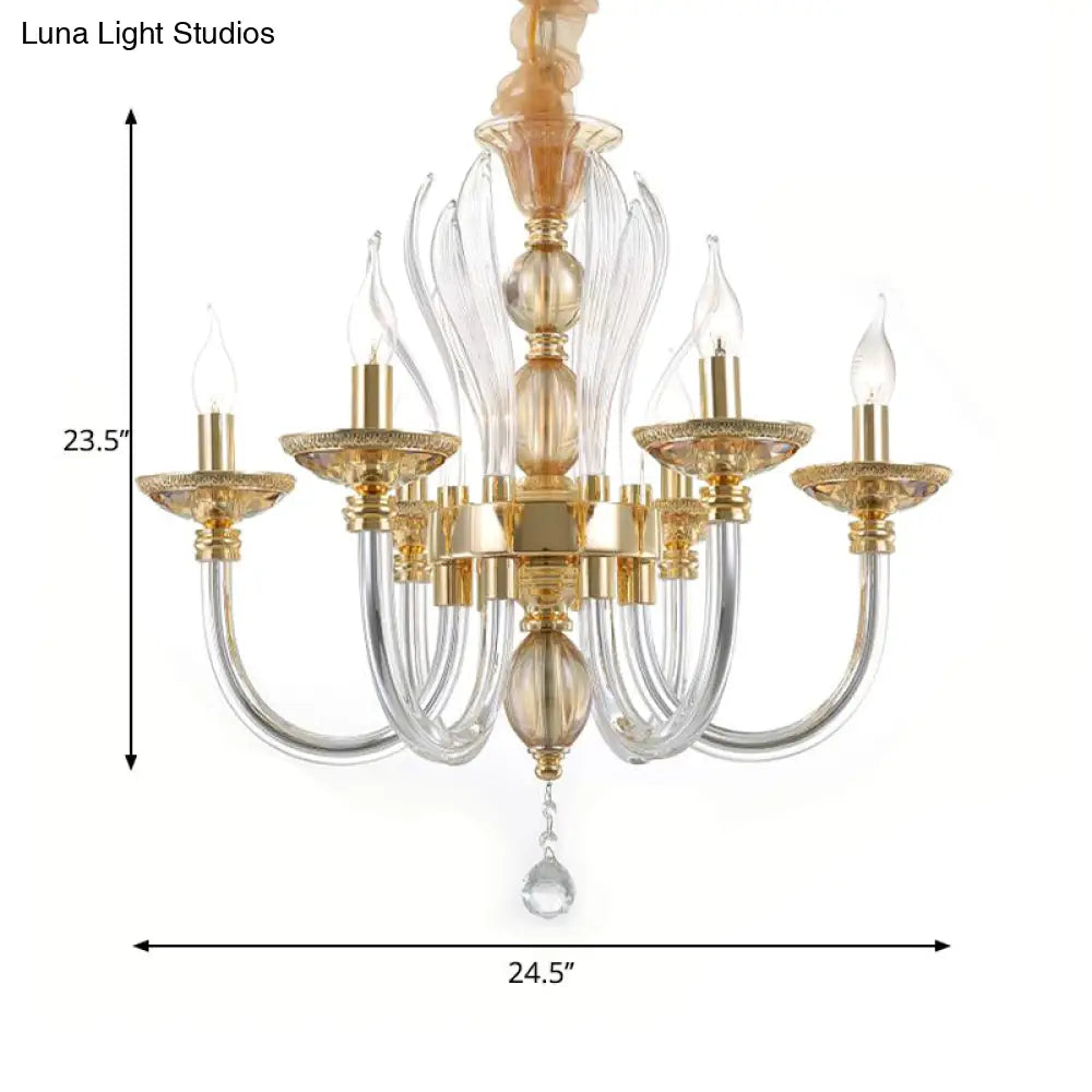 Modern Golden Curved Chandelier - 6 Heads Clear Glass Pendant Light with Crystal Drops