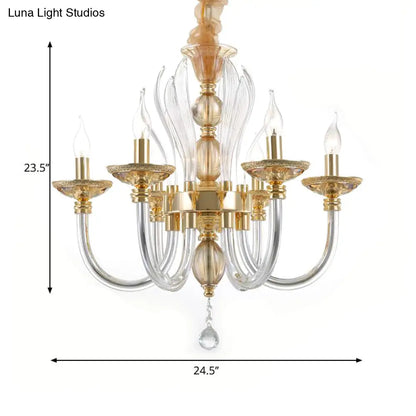 Modern Golden Curved Chandelier - 6 Heads Clear Glass Pendant Light with Crystal Drops
