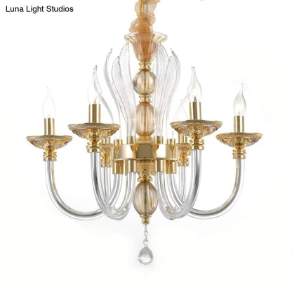 Modern Golden Curved Chandelier - 6 Heads Clear Glass Pendant Light with Crystal Drops