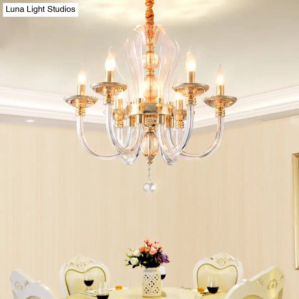 Modern Golden Curved Chandelier - 6 Heads Clear Glass Pendant Light with Crystal Drops