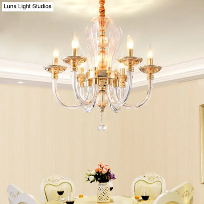 Modern Golden Curved Chandelier - 6 Heads Clear Glass Pendant Light with Crystal Drops