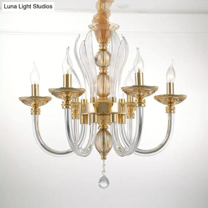 Modern Golden Curved Chandelier - 6 Heads Clear Glass Pendant Light with Crystal Drops