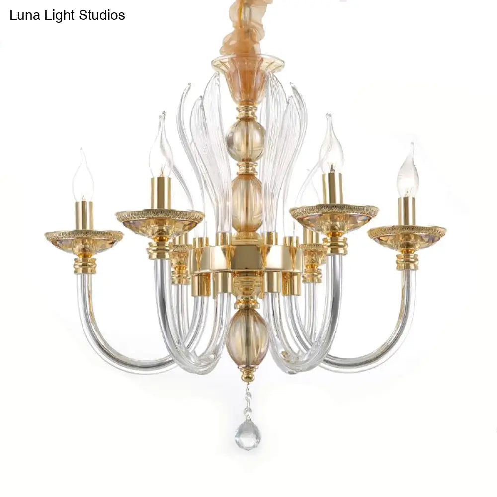 Modern Golden Curved Chandelier - 6 Heads Clear Glass Pendant Light with Crystal Drops