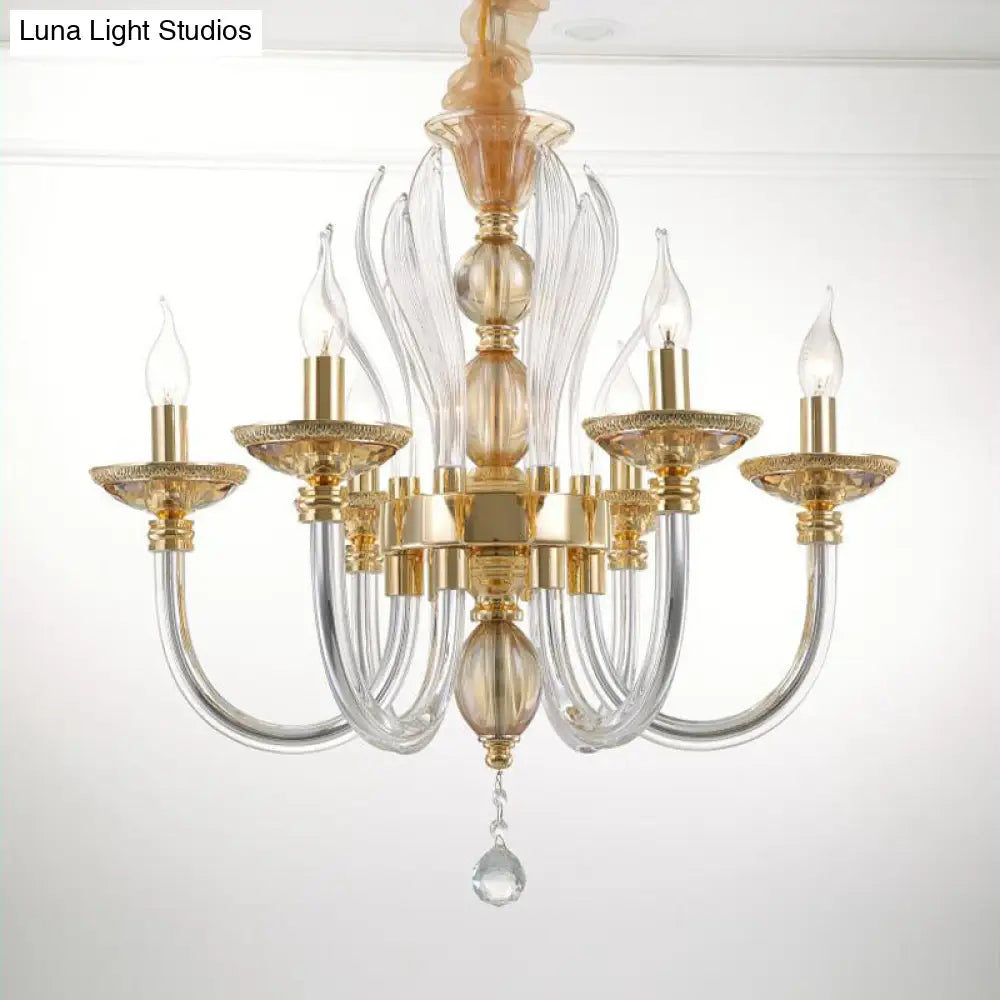 Modern Golden Curved Chandelier - 6 Heads Clear Glass Pendant Light with Crystal Drops