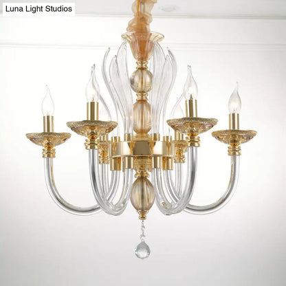 Modern Golden Curved Chandelier - 6 Heads Clear Glass Pendant Light with Crystal Drops