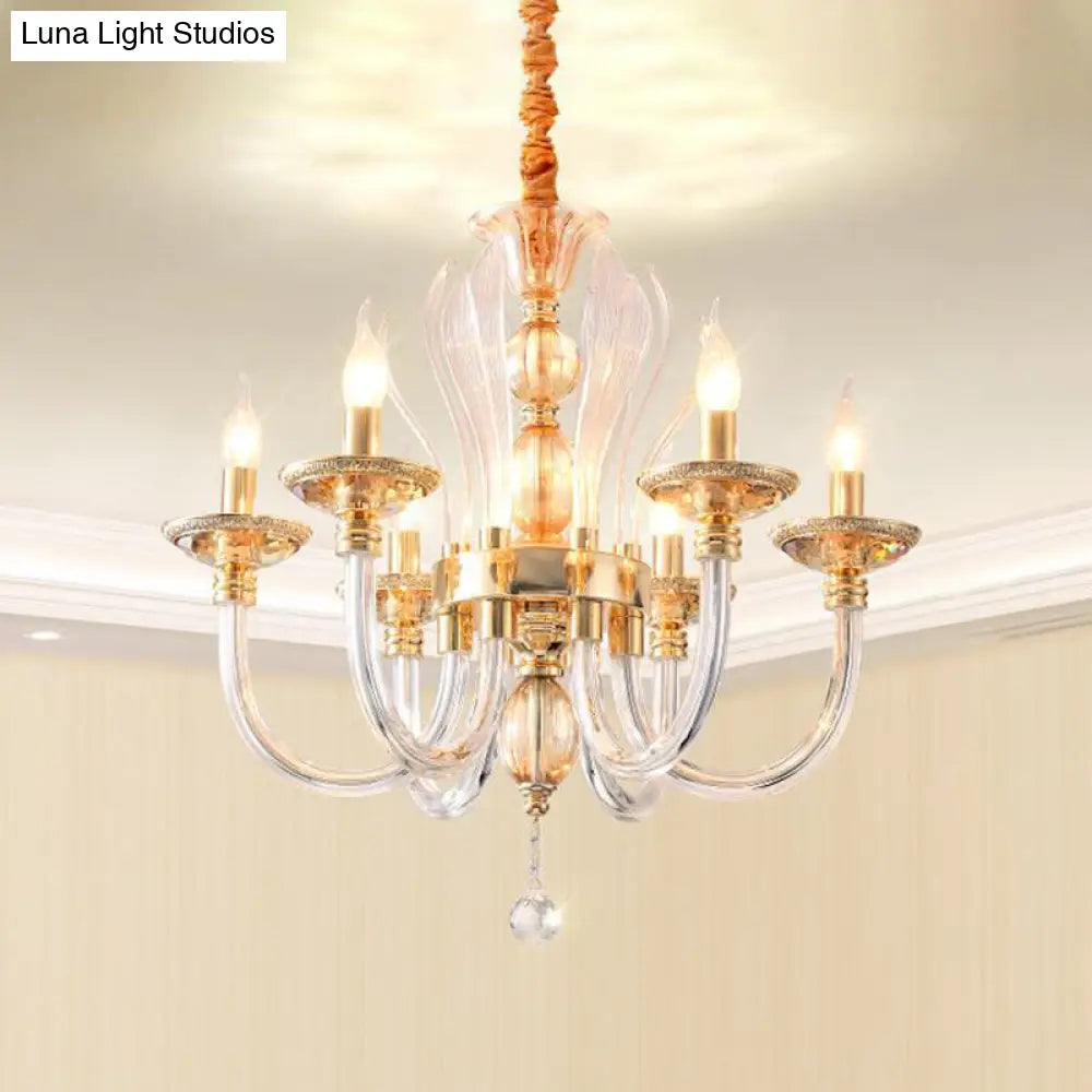 Modern Golden Curved Chandelier - 6 Heads Clear Glass Pendant Light with Crystal Drops