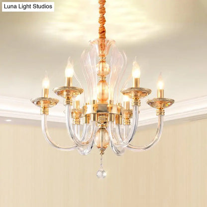 Modern Golden Curved Chandelier - 6 Heads Clear Glass Pendant Light with Crystal Drops