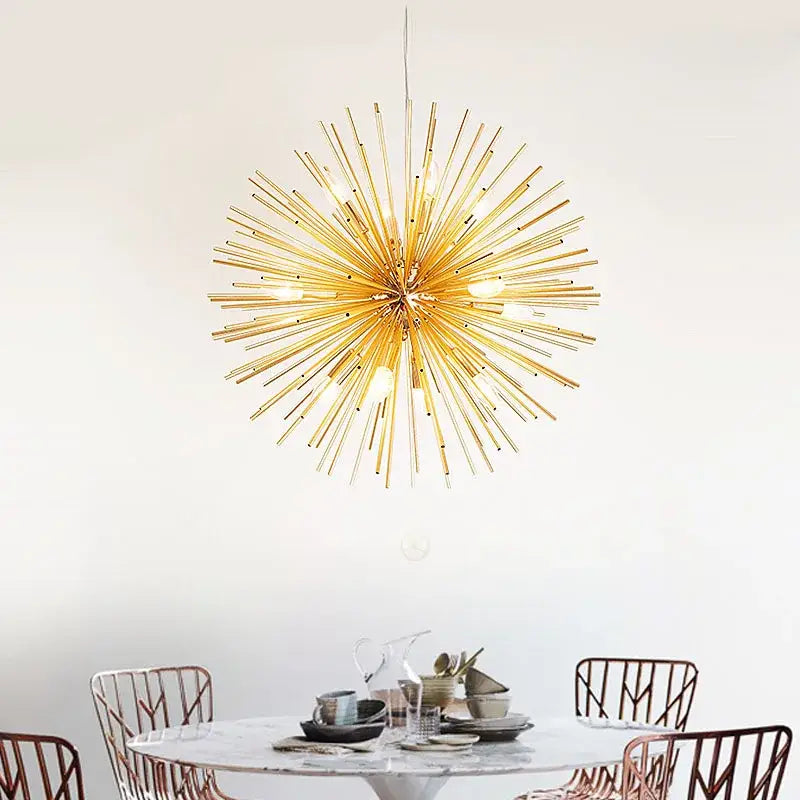 Modern golden dandelion ball chandelier with slender metallic rods radiating from central hub for bedroom decorbites dandelion ball