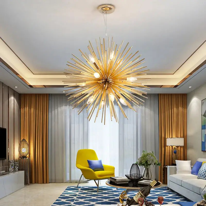 Modern golden dandelion ball chandelier with slender metallic arms and exposed bulbs for stylish bedroom decorbites dandelion ball